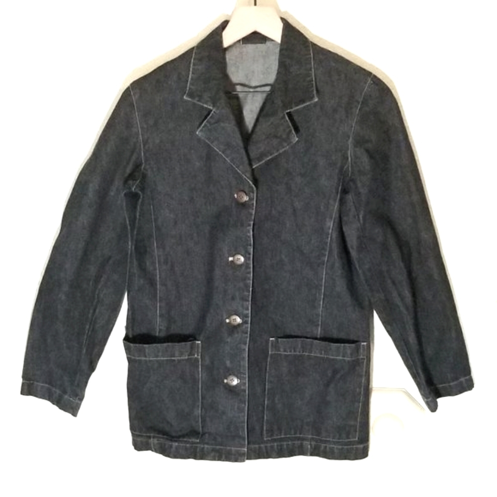 Chico's Denim Jean Jacket Blazer Sz 0 Dk Blue Button Front 2 Pockets Mid-Length